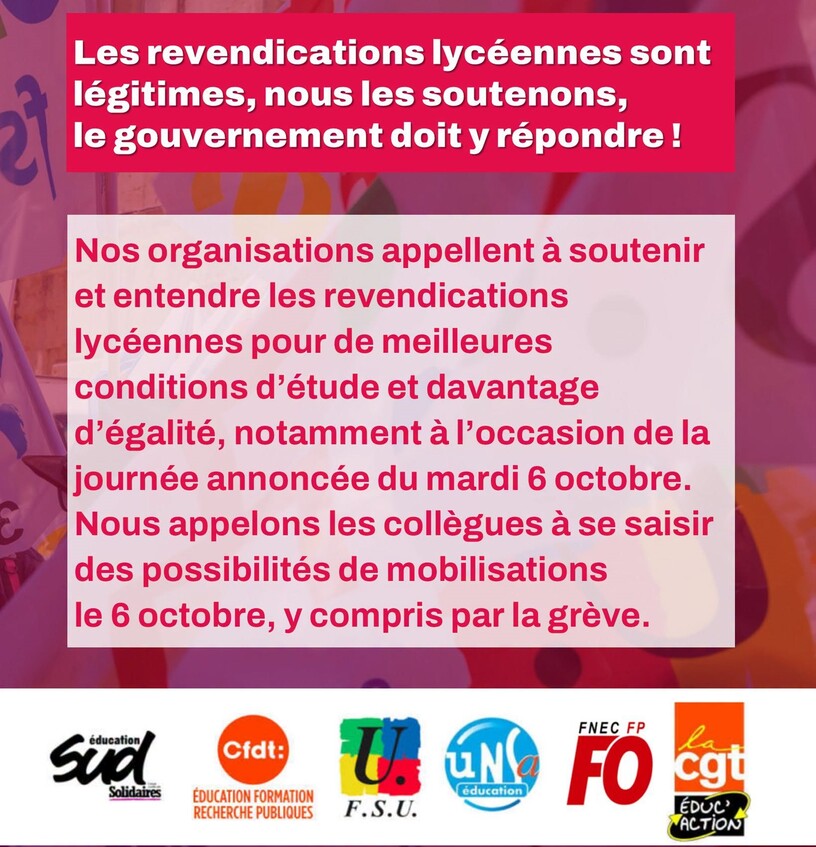Soutien au mouvement lycéen ! Face à la colère de la jeunesse : des moyens,&nbsp;(…)
